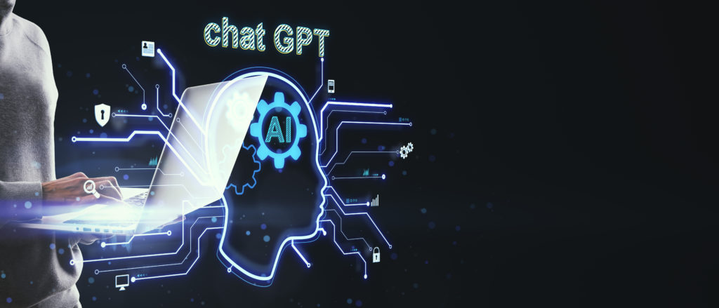 Close up of hands using laptop with glowing head outline, ai circuit and other icons on wide black background with mock up place. Artificial intelligence and chat gpt concept.